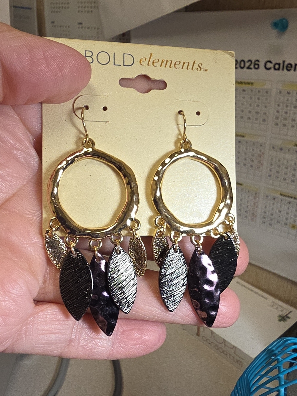 BOLD elements Gold Hoop Dangle Earrings with Black and Purple Leaf Charms